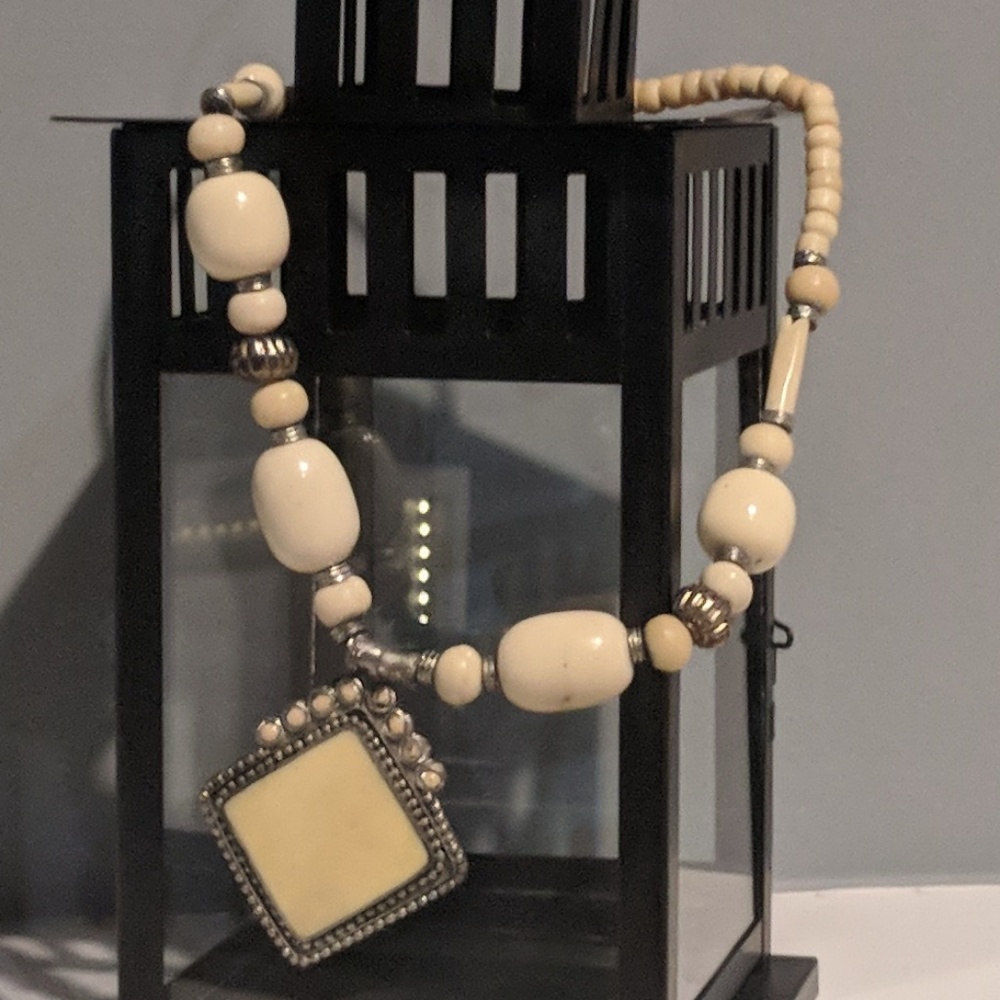 Vintage Bone & Pewter Israeli Statement Necklace